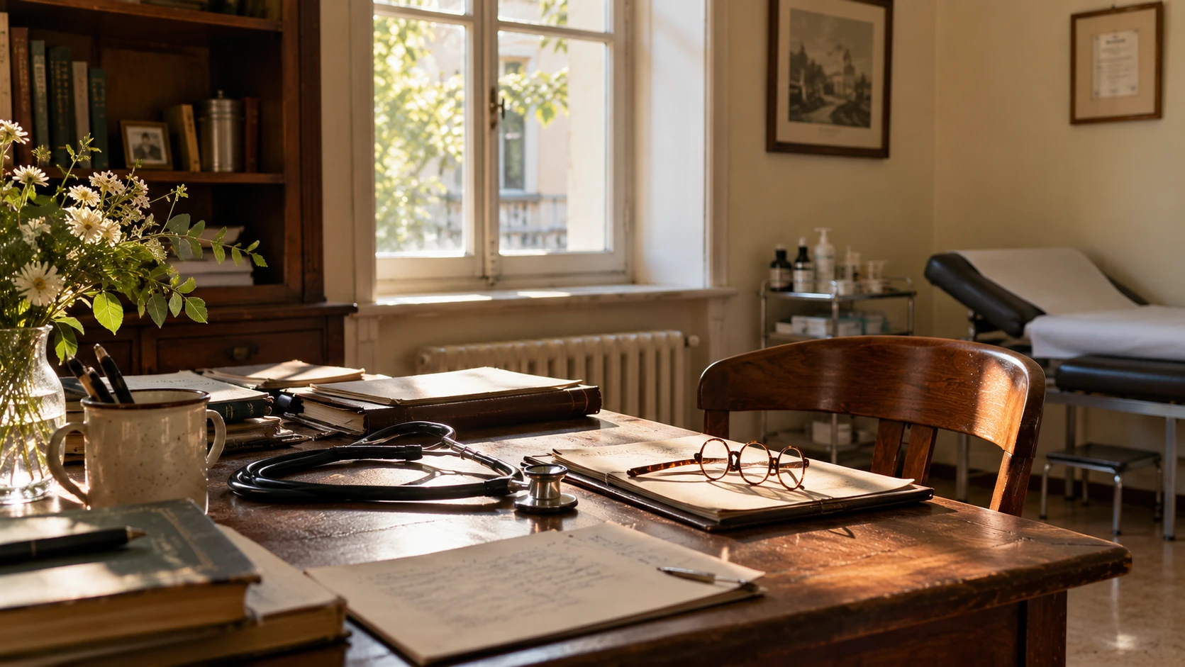 Sunlit doctor's office with a wooden desk, stethoscope, reading glasses and handwritten notes